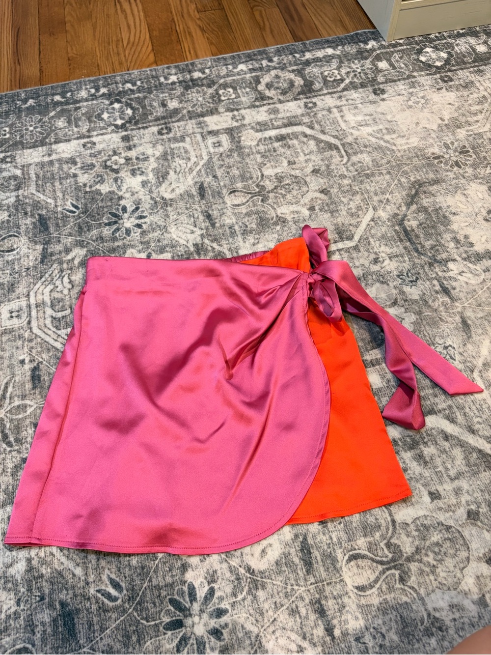 Sincerly Jules Pink and Orange Satin Asymmetrical Wrap Mini Skirt